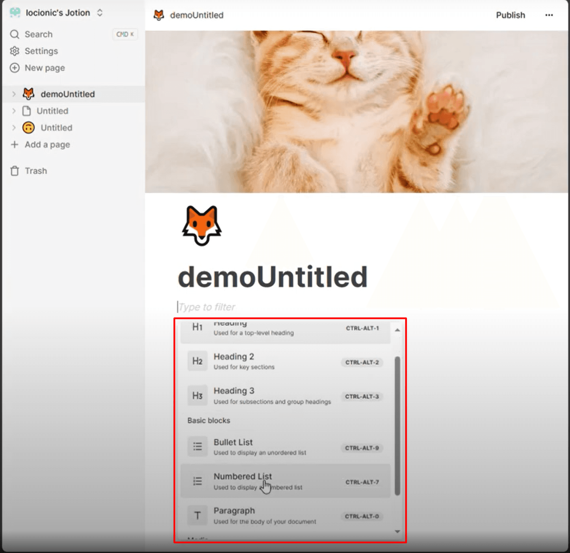 Notion Clone block-based rich text editor and slash command menu