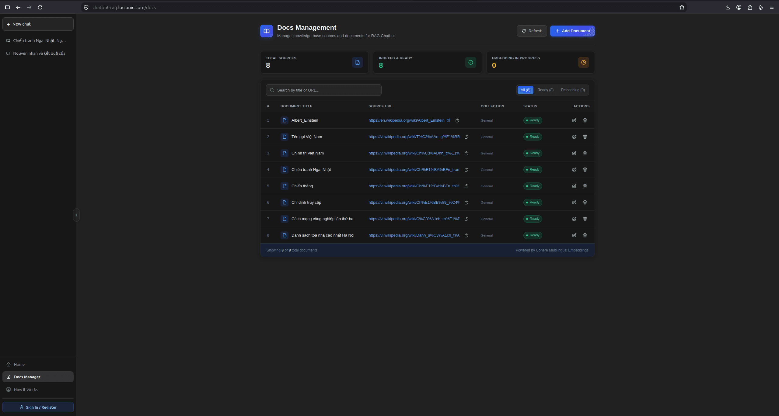 RAG Chatbot knowledge base document upload and vector index management