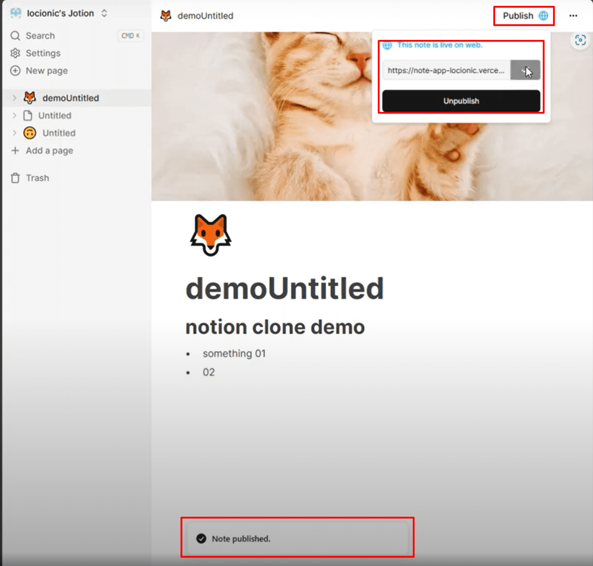 Notion Clone public document sharing and web publishing modal