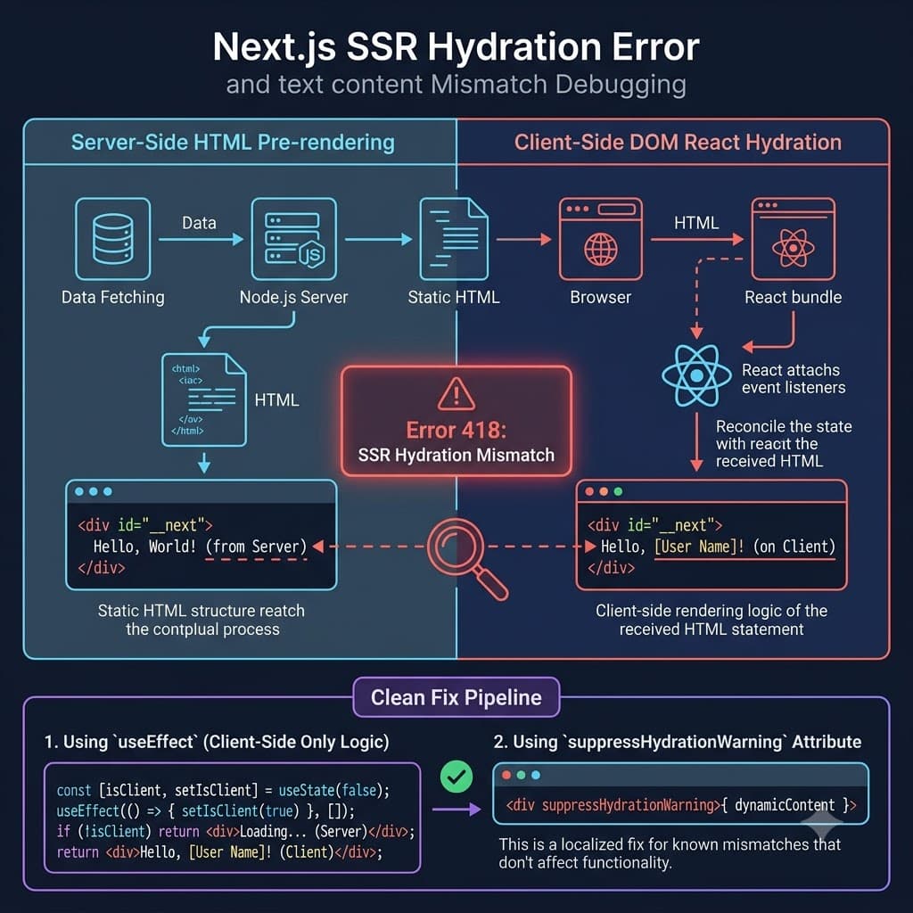 Next.js SSR Hydration Error and Text Content Mismatch Debugging