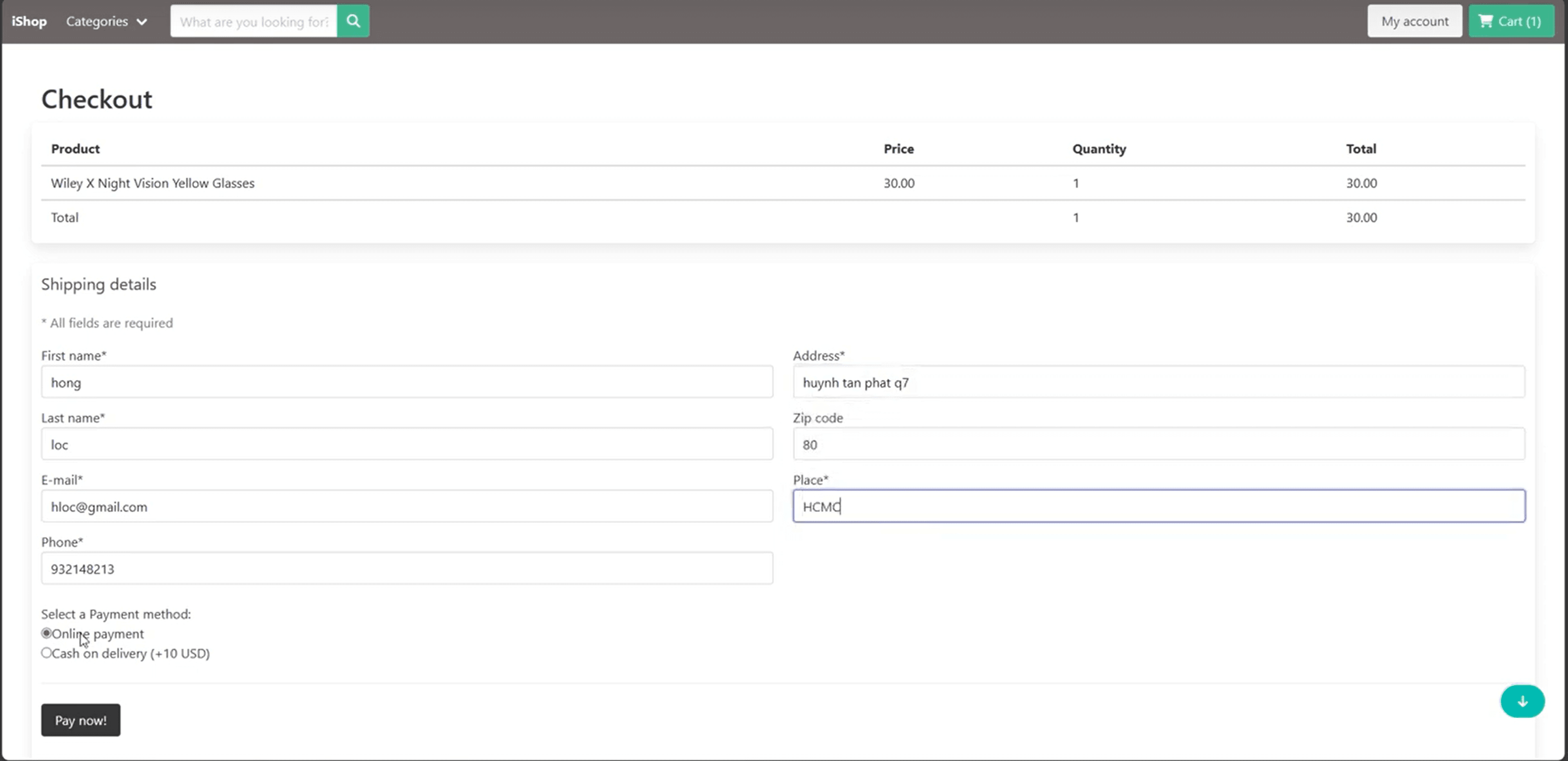 iShop billing address and order checkout summary
