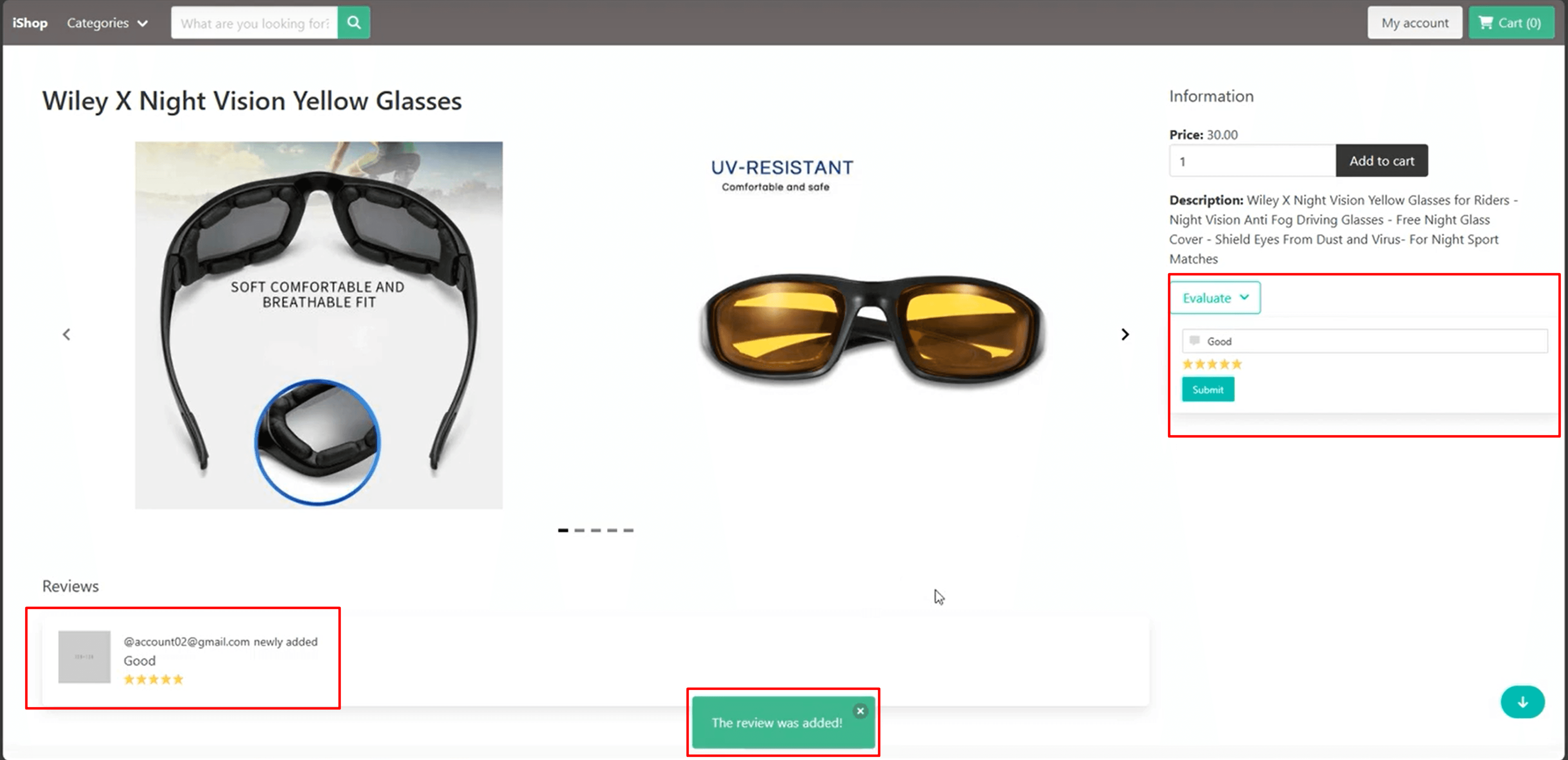 iShop product details page with pricing, reviews, and stock count