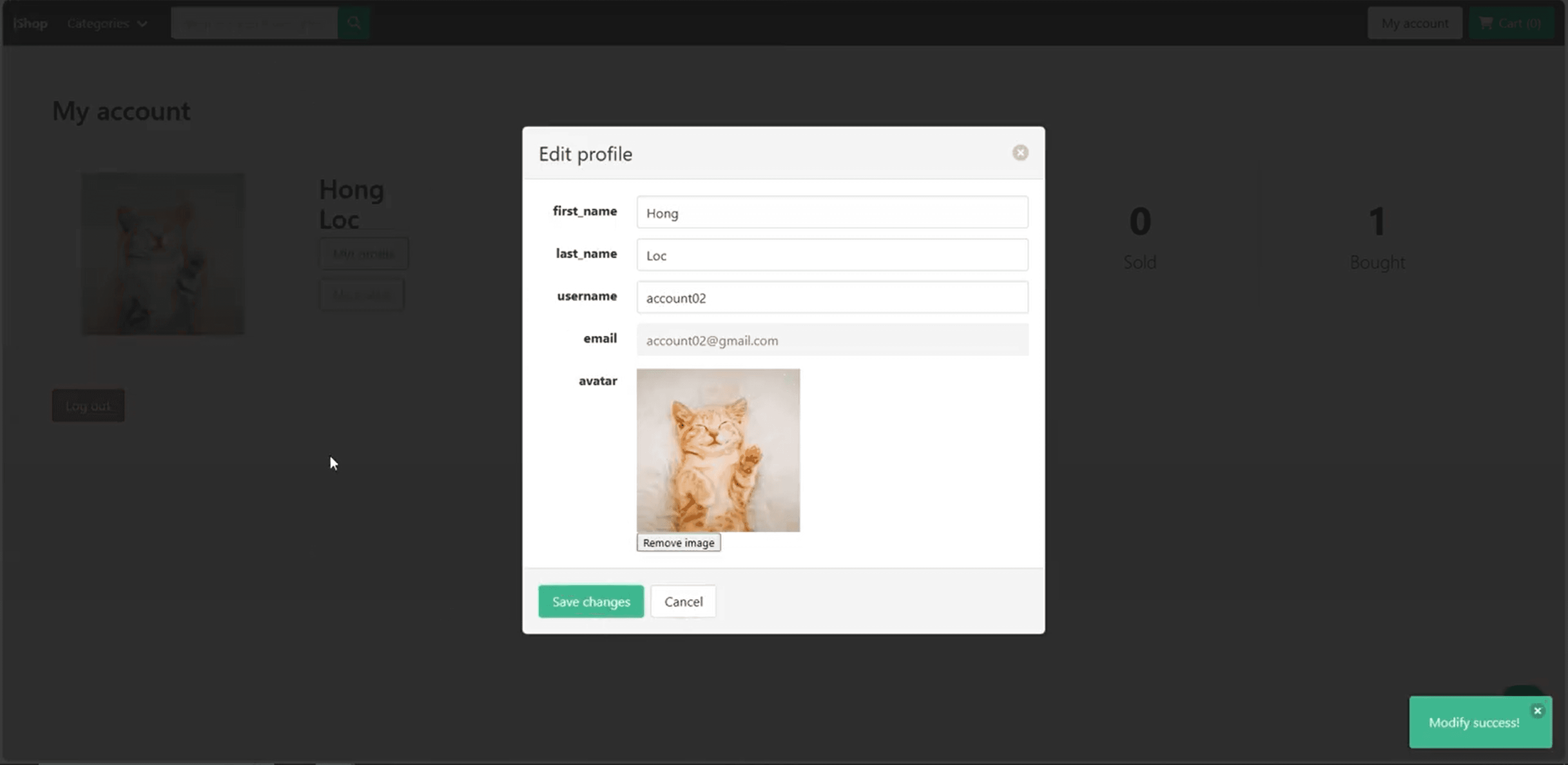 iShop user profile information and shipping address editor