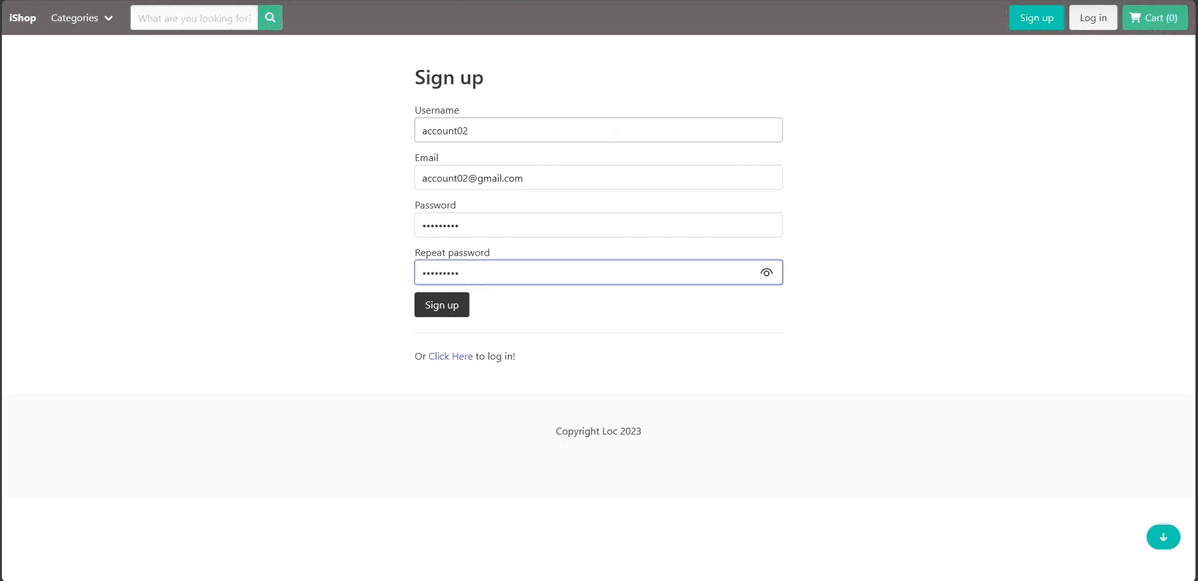 iShop customer account registration and signup form