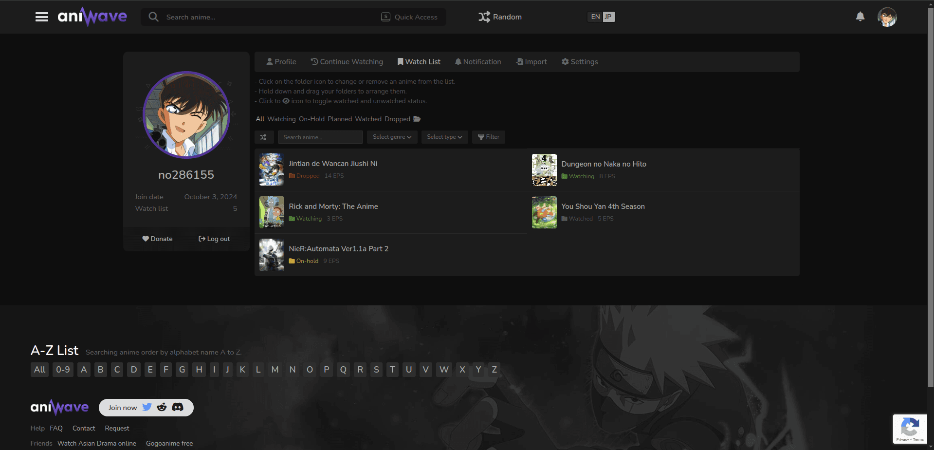 Aniwave profile watchlist overview categorized by anime status