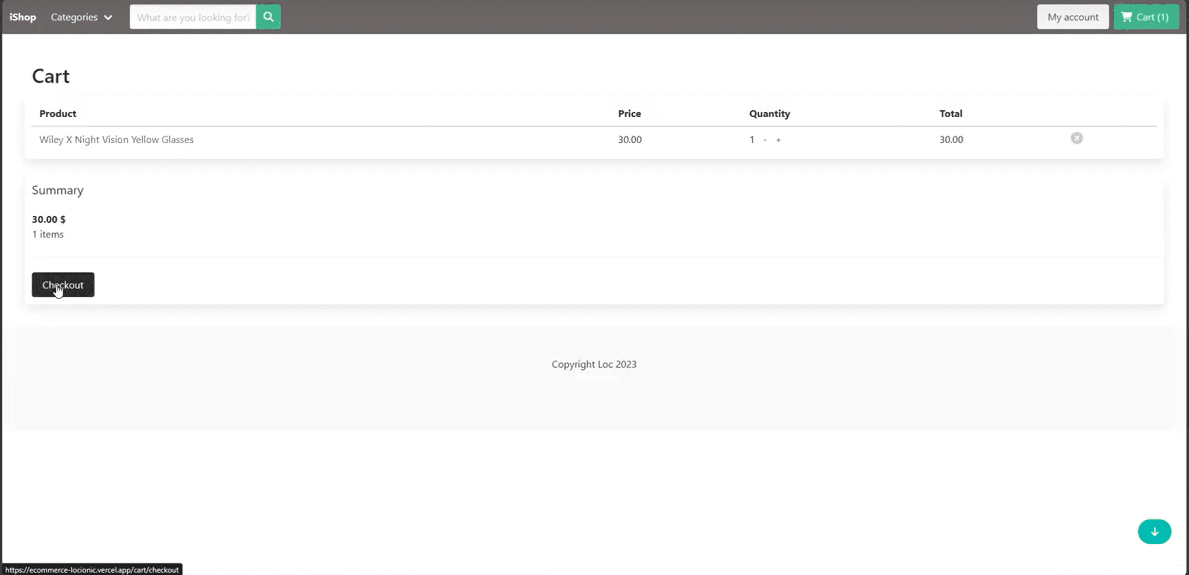 iShop shopping cart drawer with price breakdown and quantity selector