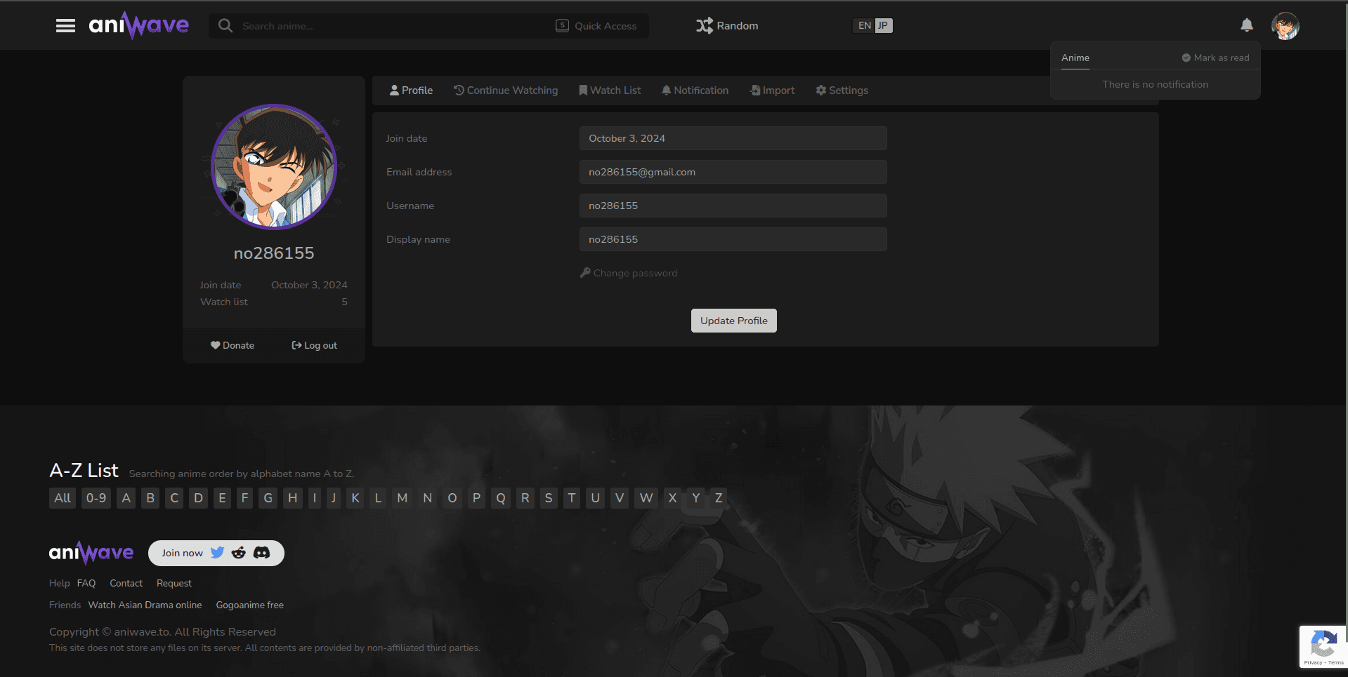 Aniwave user profile dashboard and anime watchlist management